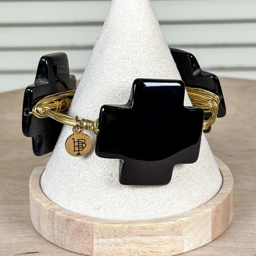 Bourbon and Bowties Modernist Bold Black Onyx Cross Gold Wire Wrapped Bangle